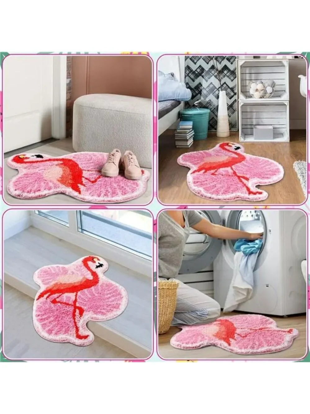 Pink Flamingo Palm Bath Mat Tropical Tufted Non Slip Bathroom Rug Soft Floor Dec